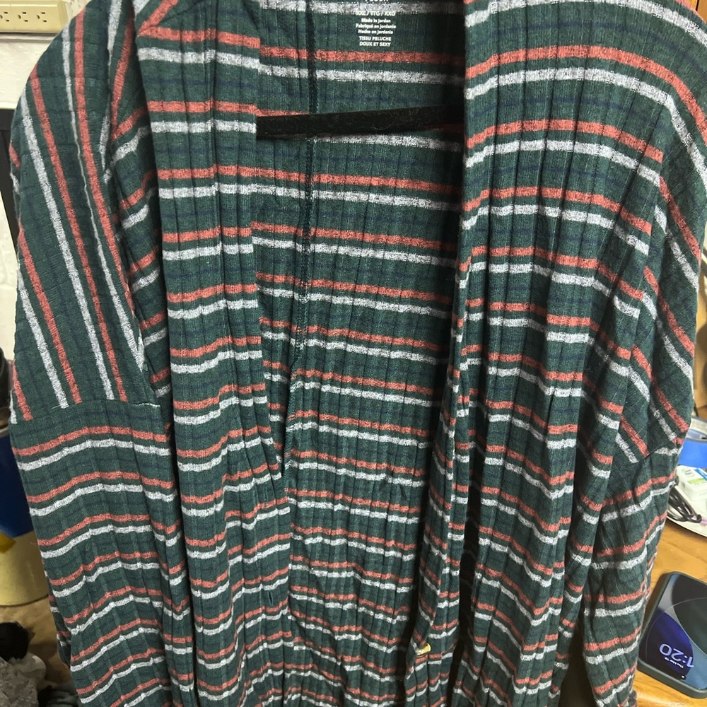 American Eagle Outfitters Green Striped Open-Front Cardigan